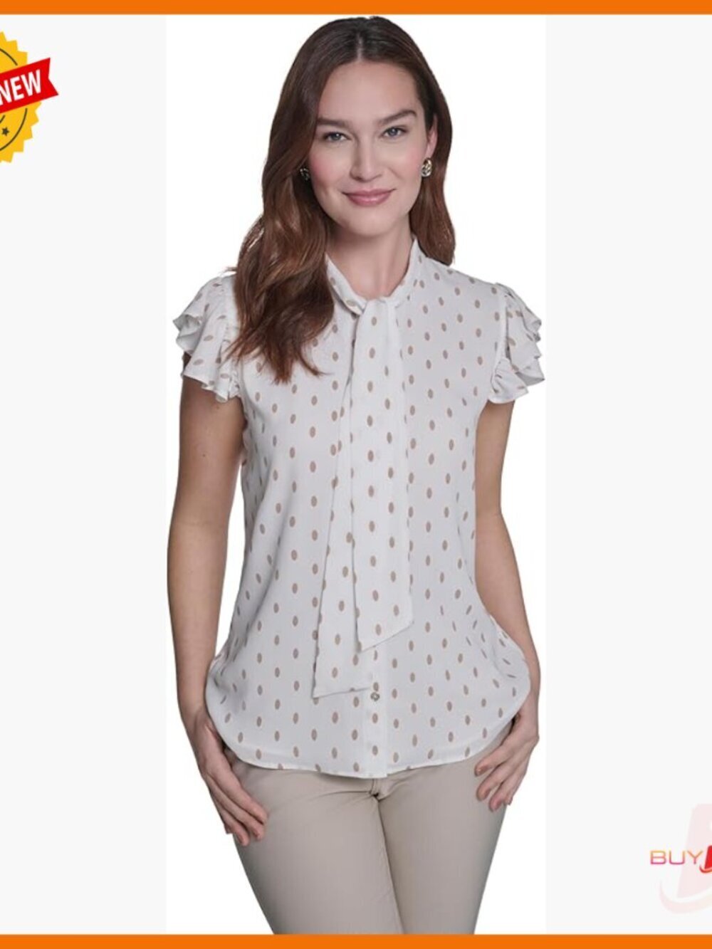 Flutter Sleeve Tie Neck Blouse, Polyester Work Top, Sleeveless